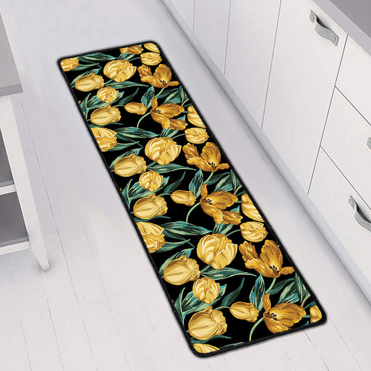 Yellow Tulip Floral Pattern Print Long Kitchen Mat
