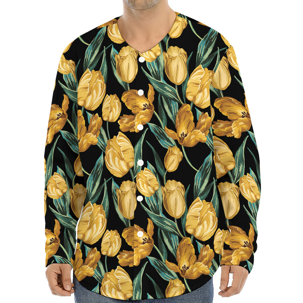 Yellow Tulip Floral Pattern Print Long Sleeve Baseball Jersey