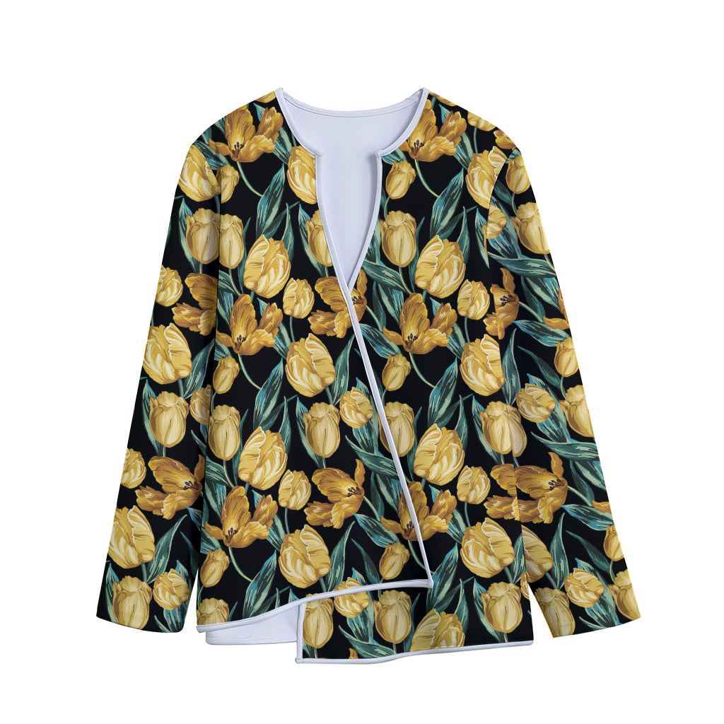 Yellow Tulip Floral Pattern Print Long Sleeve Short Coat