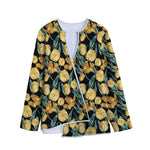 Yellow Tulip Floral Pattern Print Long Sleeve Short Coat