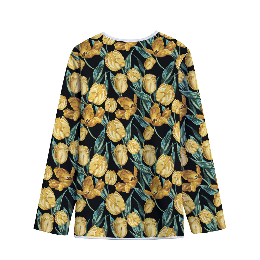 Yellow Tulip Floral Pattern Print Long Sleeve Short Coat