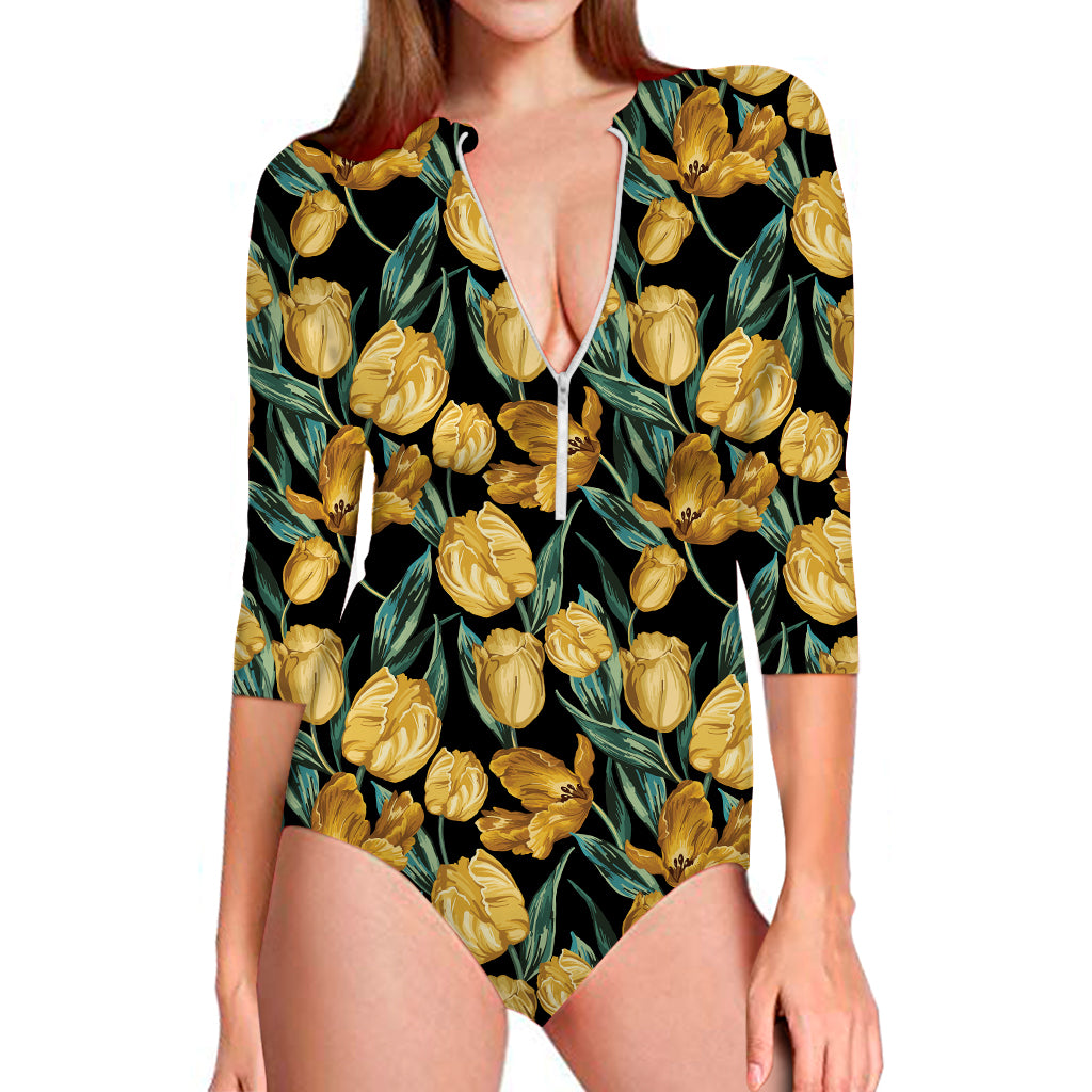 Yellow Tulip Floral Pattern Print Long Sleeve Swimsuit
