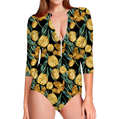 Yellow Tulip Floral Pattern Print Long Sleeve Swimsuit