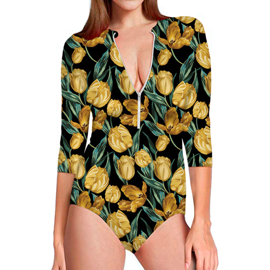 Yellow Tulip Floral Pattern Print Long Sleeve Swimsuit