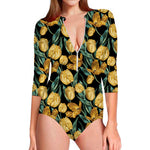 Yellow Tulip Floral Pattern Print Long Sleeve Swimsuit