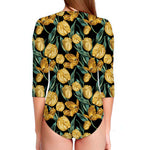 Yellow Tulip Floral Pattern Print Long Sleeve Swimsuit