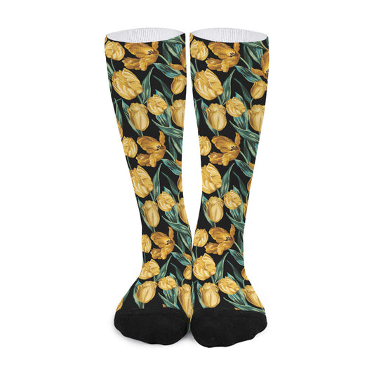 Yellow Tulip Floral Pattern Print Long Socks