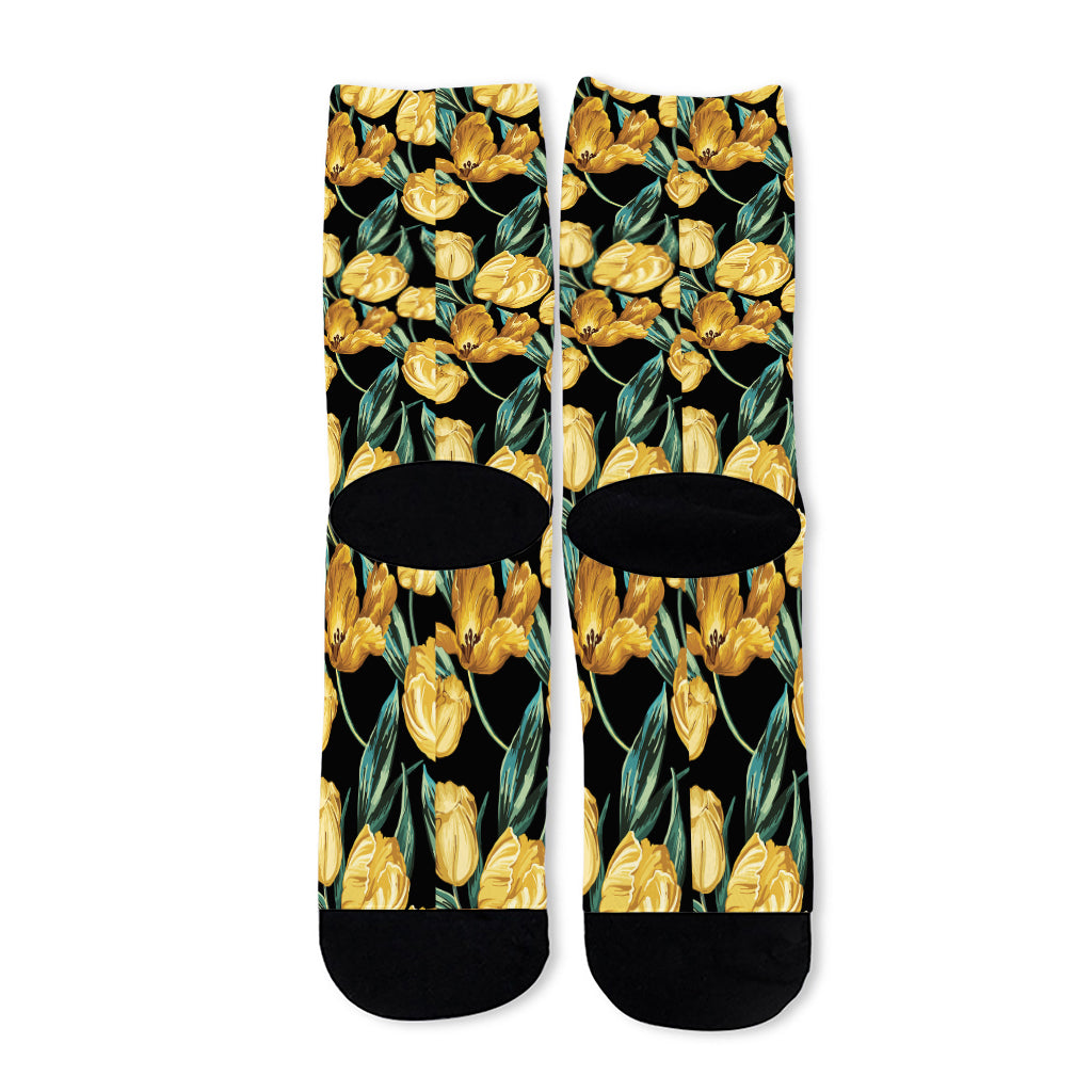 Yellow Tulip Floral Pattern Print Long Socks