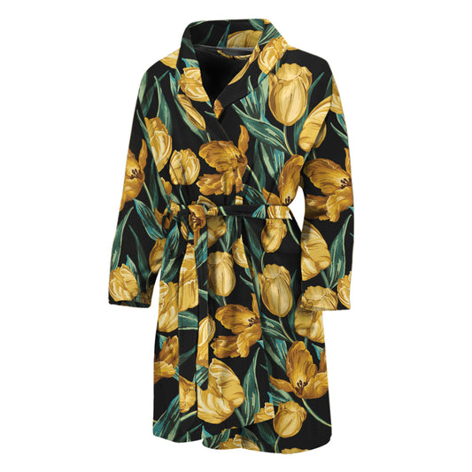Yellow Tulip Floral Pattern Print Men's Bathrobe