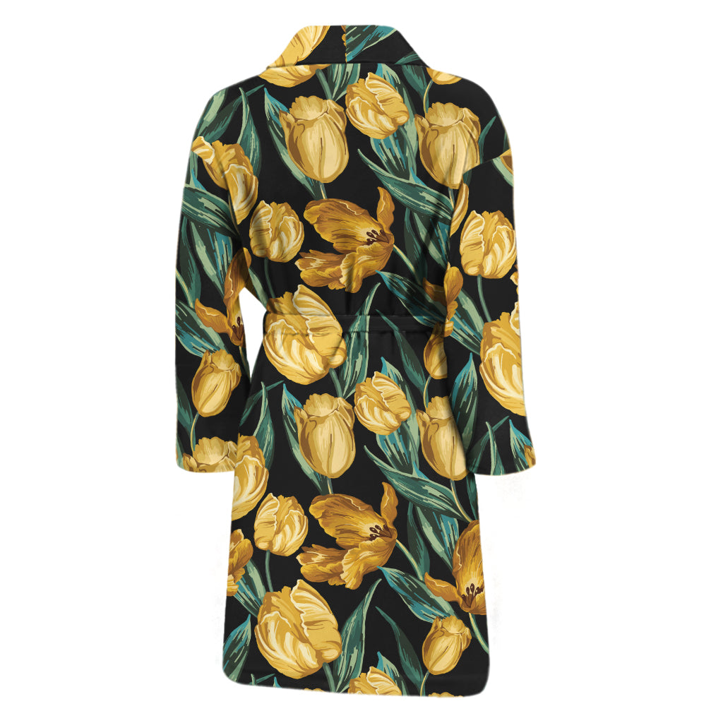 Yellow Tulip Floral Pattern Print Men's Bathrobe