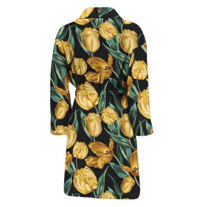 Yellow Tulip Floral Pattern Print Men's Bathrobe