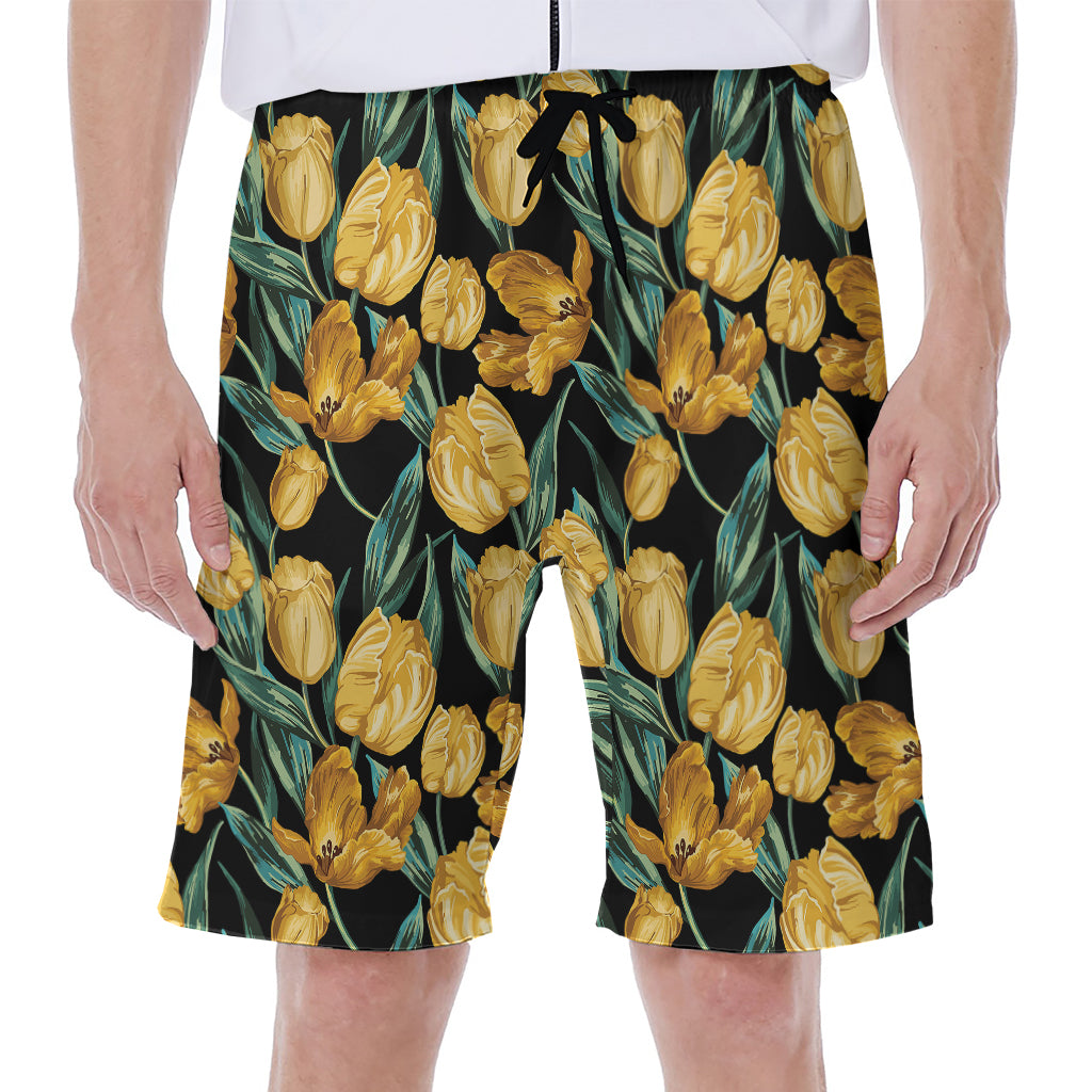 Yellow Tulip Floral Pattern Print Men's Beach Shorts