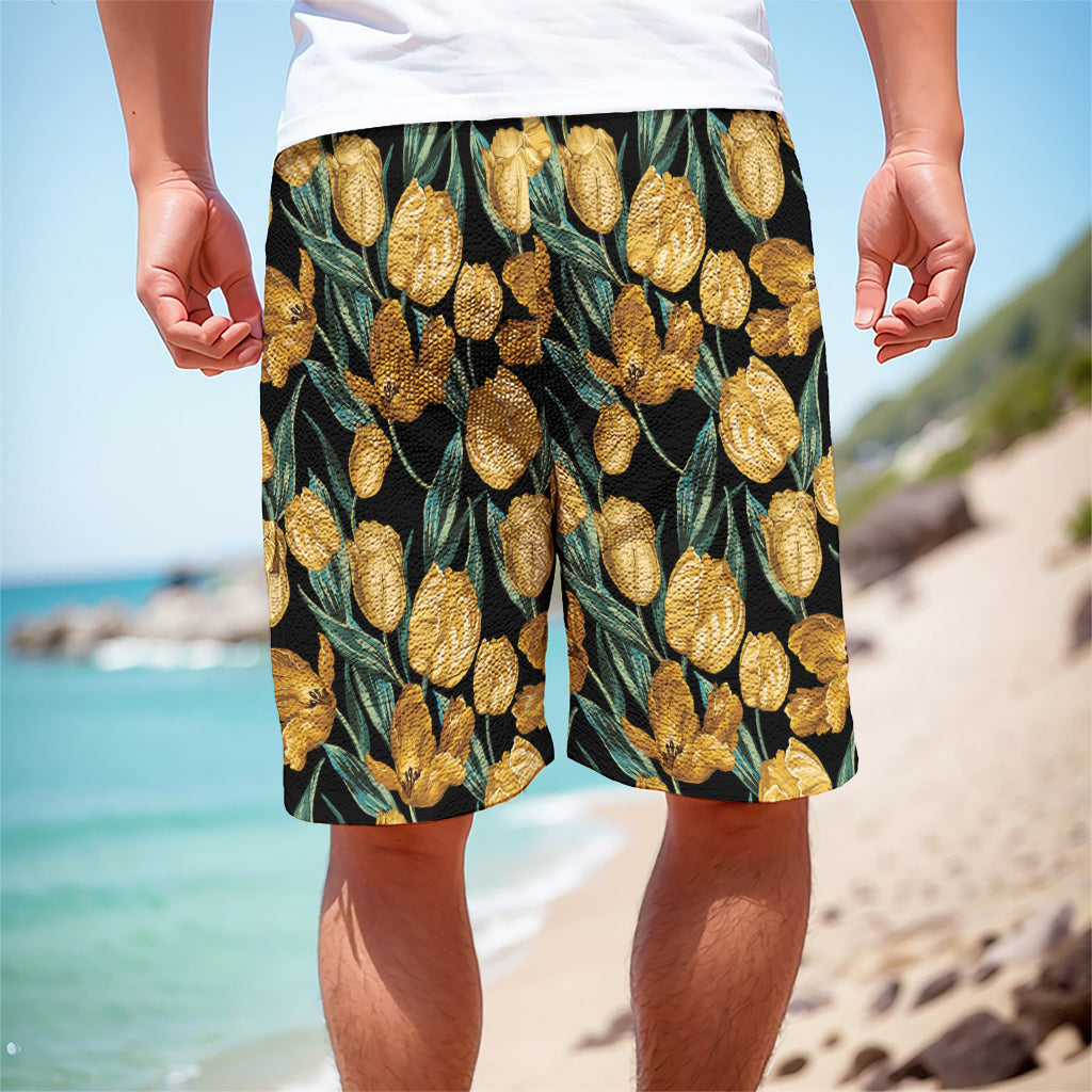 Yellow Tulip Floral Pattern Print Men's Cargo Shorts