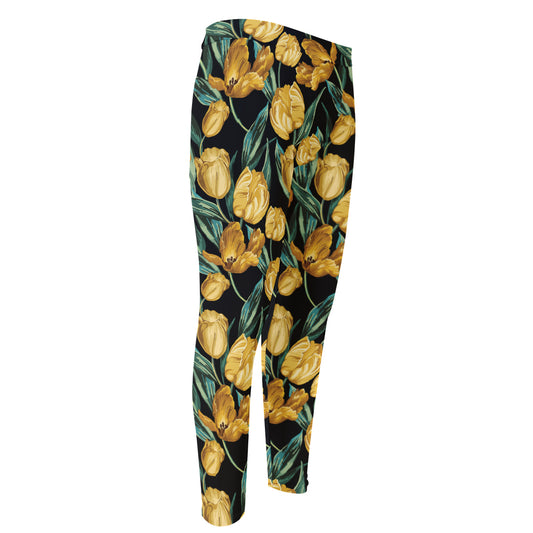 Yellow Tulip Floral Pattern Print Men's Compression Pants