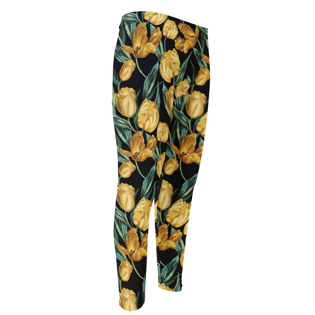 Yellow Tulip Floral Pattern Print Men's Compression Pants