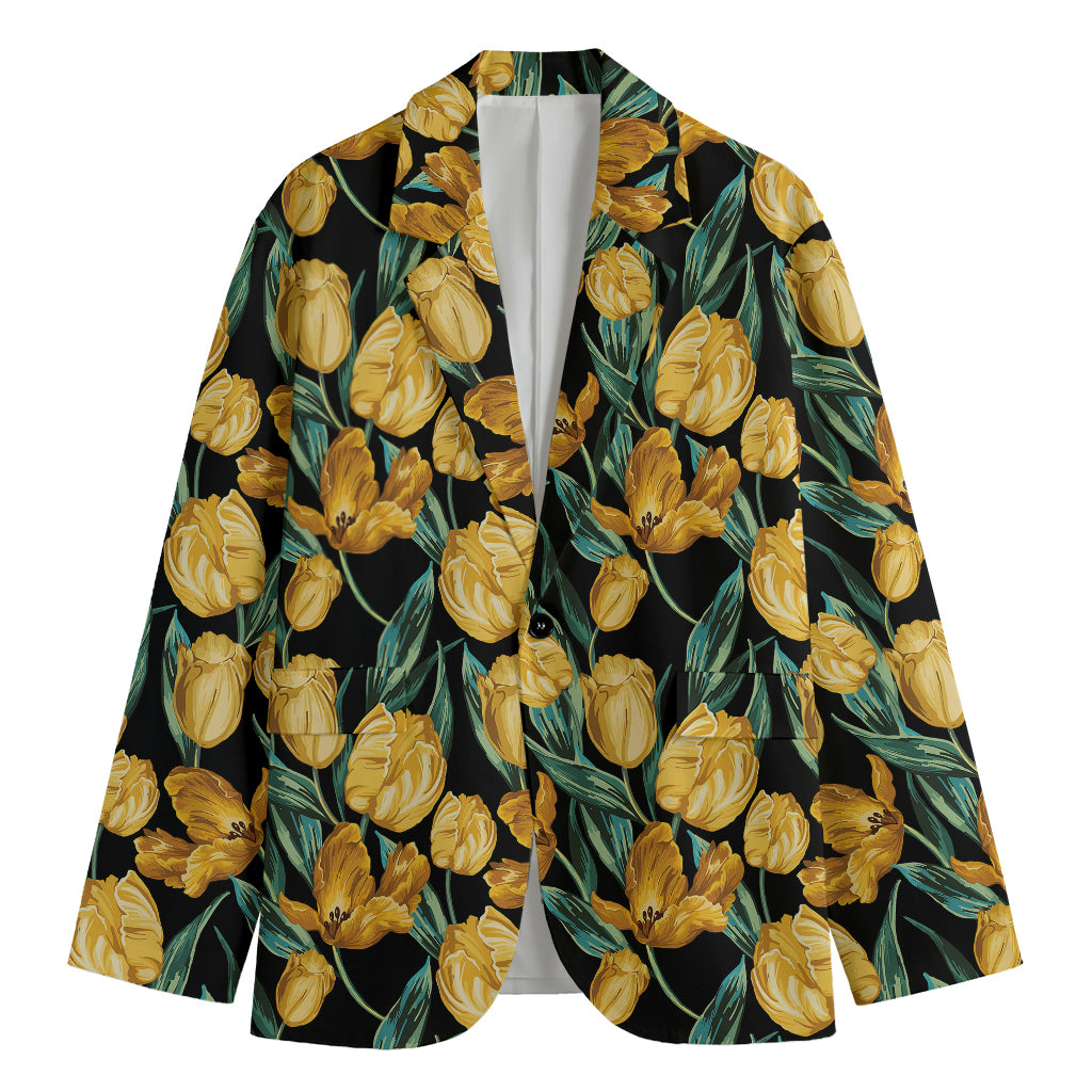Yellow Tulip Floral Pattern Print Men's Cotton Blazer