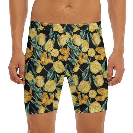 Yellow Tulip Floral Pattern Print Men's Long Boxer Briefs