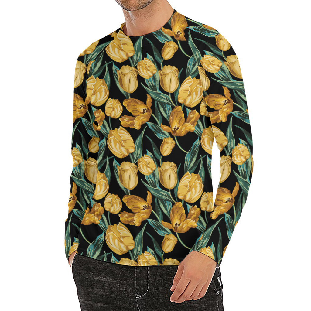 Yellow Tulip Floral Pattern Print Men's Long Sleeve Rash Guard