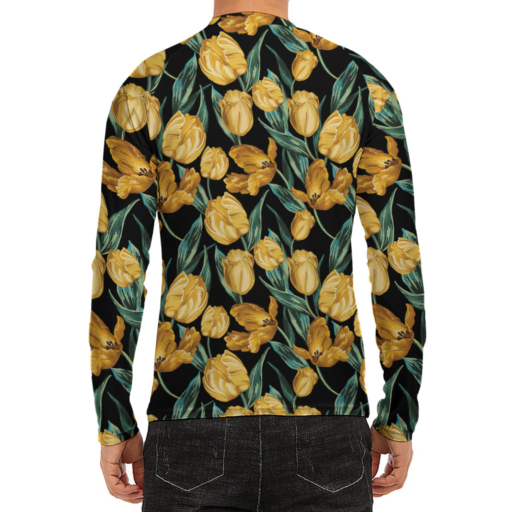 Yellow Tulip Floral Pattern Print Men's Long Sleeve Rash Guard