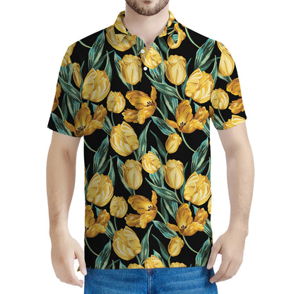 Yellow Tulip Floral Pattern Print Men's Polo Shirt