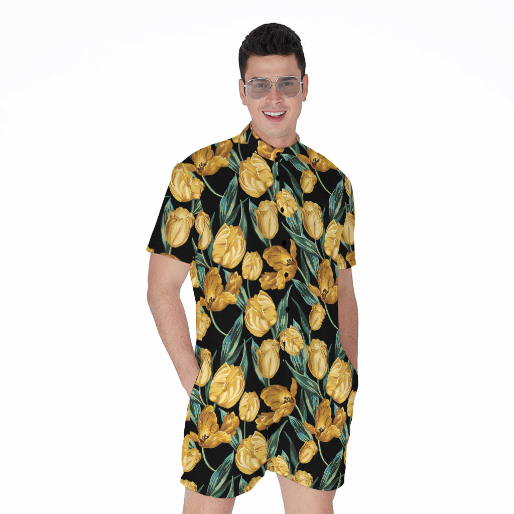 Yellow Tulip Floral Pattern Print Men's Rompers