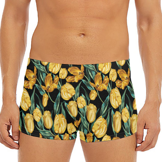 Yellow Tulip Floral Pattern Print Men's Short Boxer Briefs