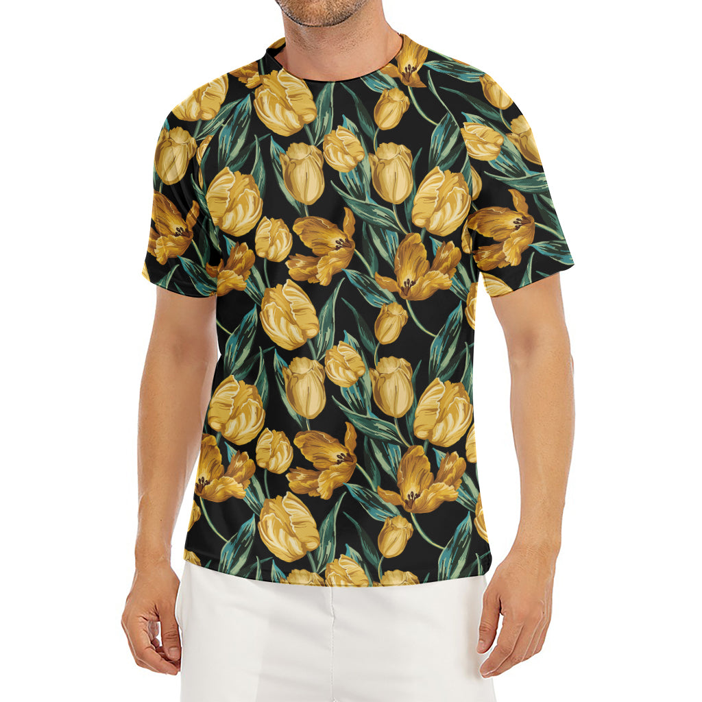 Yellow Tulip Floral Pattern Print Men's Short Sleeve Rash Guard