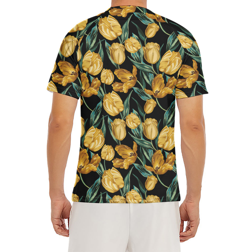 Yellow Tulip Floral Pattern Print Men's Short Sleeve Rash Guard