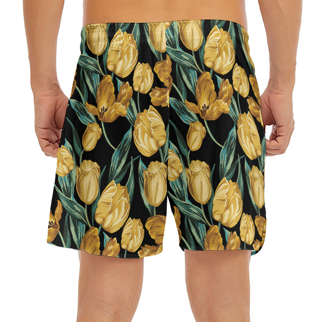 Yellow Tulip Floral Pattern Print Men's Split Running Shorts
