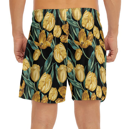 Yellow Tulip Floral Pattern Print Men's Split Running Shorts