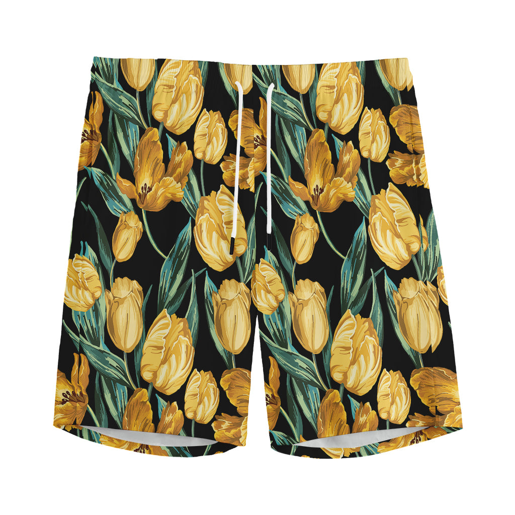 Yellow Tulip Floral Pattern Print Men's Sports Shorts