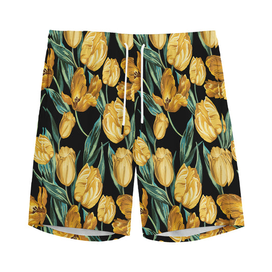 Yellow Tulip Floral Pattern Print Men's Sports Shorts