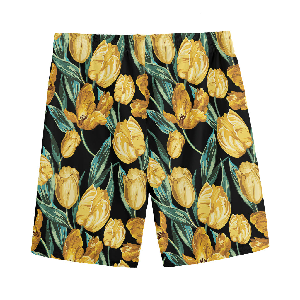 Yellow Tulip Floral Pattern Print Men's Sports Shorts