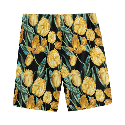Yellow Tulip Floral Pattern Print Men's Sports Shorts