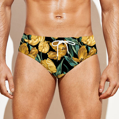 Yellow Tulip Floral Pattern Print Men's Swim Briefs