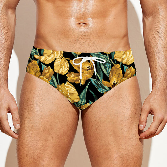 Yellow Tulip Floral Pattern Print Men's Swim Briefs
