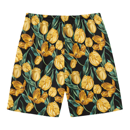 Yellow Tulip Floral Pattern Print Men's Swim Trunks
