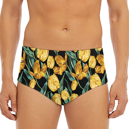 Yellow Tulip Floral Pattern Print Men's Triangle Swim Briefs