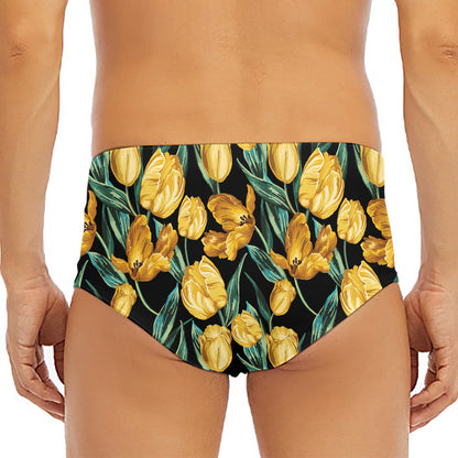Yellow Tulip Floral Pattern Print Men's Triangle Swim Briefs