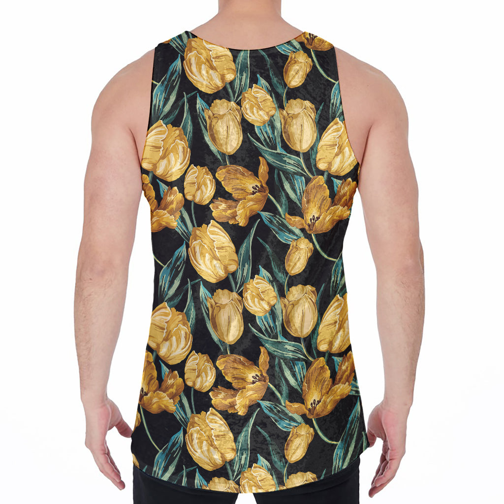 Yellow Tulip Floral Pattern Print Men's Velvet Tank Top