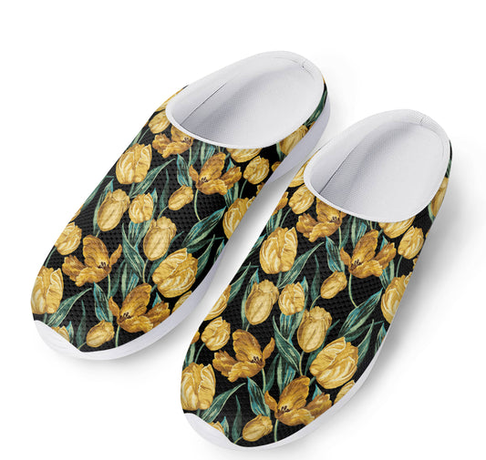 Yellow Tulip Floral Pattern Print Mesh Casual Shoes