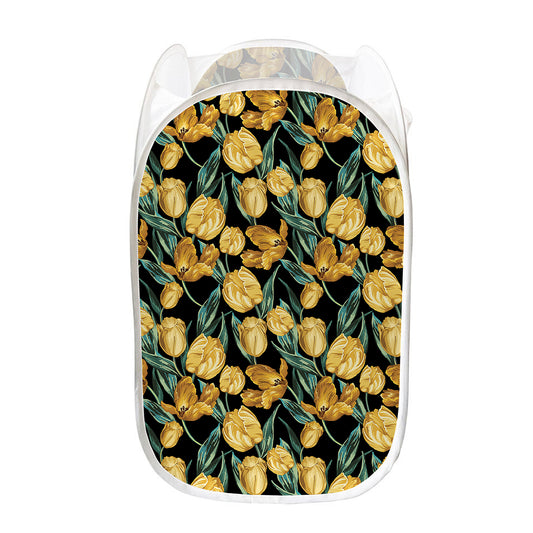 Yellow Tulip Floral Pattern Print Mesh Laundry Hamper