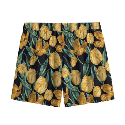 Yellow Tulip Floral Pattern Print Mesh Shorts