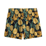 Yellow Tulip Floral Pattern Print Mesh Shorts