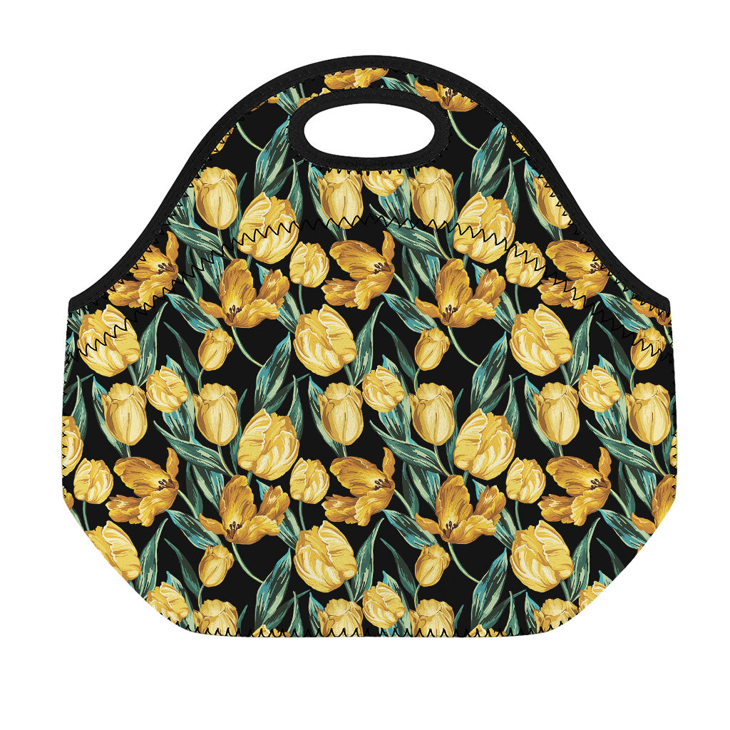 Yellow Tulip Floral Pattern Print Neoprene Lunch Bag