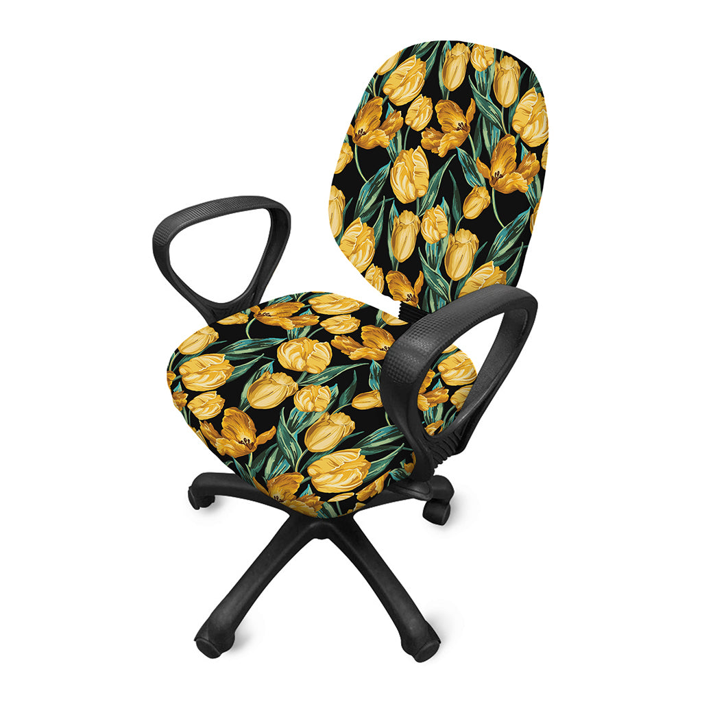 Yellow Tulip Floral Pattern Print Office Chair Cover