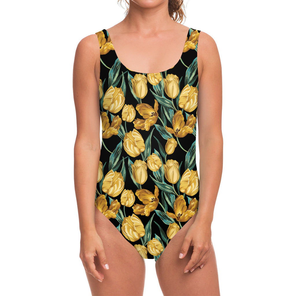 Yellow Tulip Floral Pattern Print One Piece Swimsuit