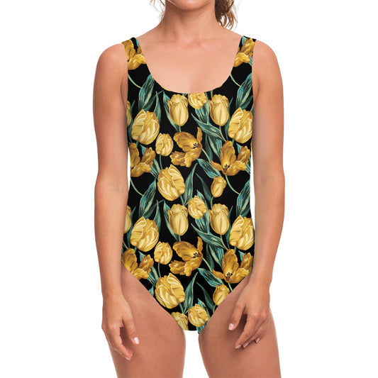 Yellow Tulip Floral Pattern Print One Piece Swimsuit