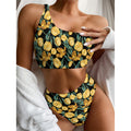 Yellow Tulip Floral Pattern Print One Shoulder Bikini Set