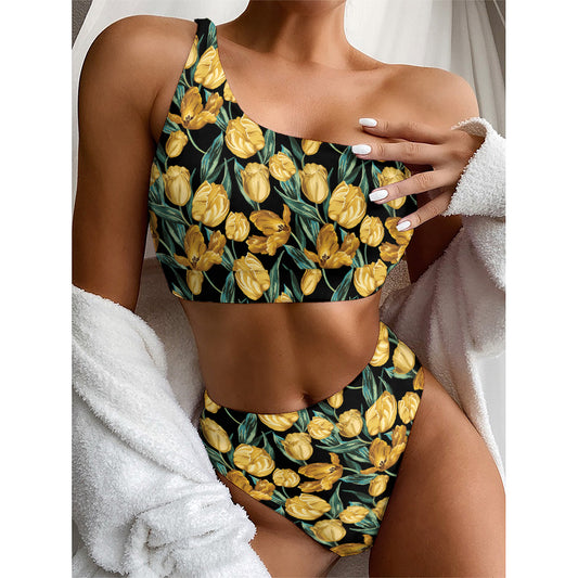 Yellow Tulip Floral Pattern Print One Shoulder Bikini Top